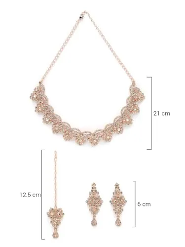 Sukkhi Untamed Rose Gold Plated AD White Stone Collar Bone Necklace Set With Earring And Maangtika | Jewellery Set For Women (NS105635)