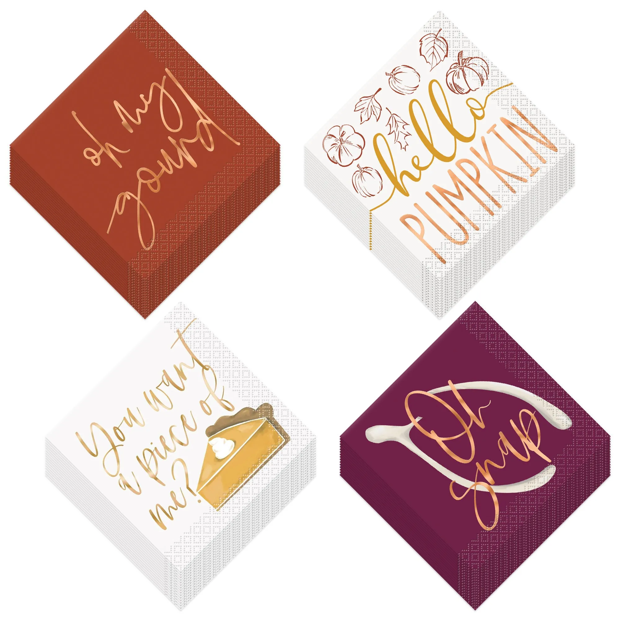 Thanksgiving & Fall Party Beverage Napkin Set in Assorted Metallic Designs For Appetizers, Desserts, and Cocktails (64 Count Total)