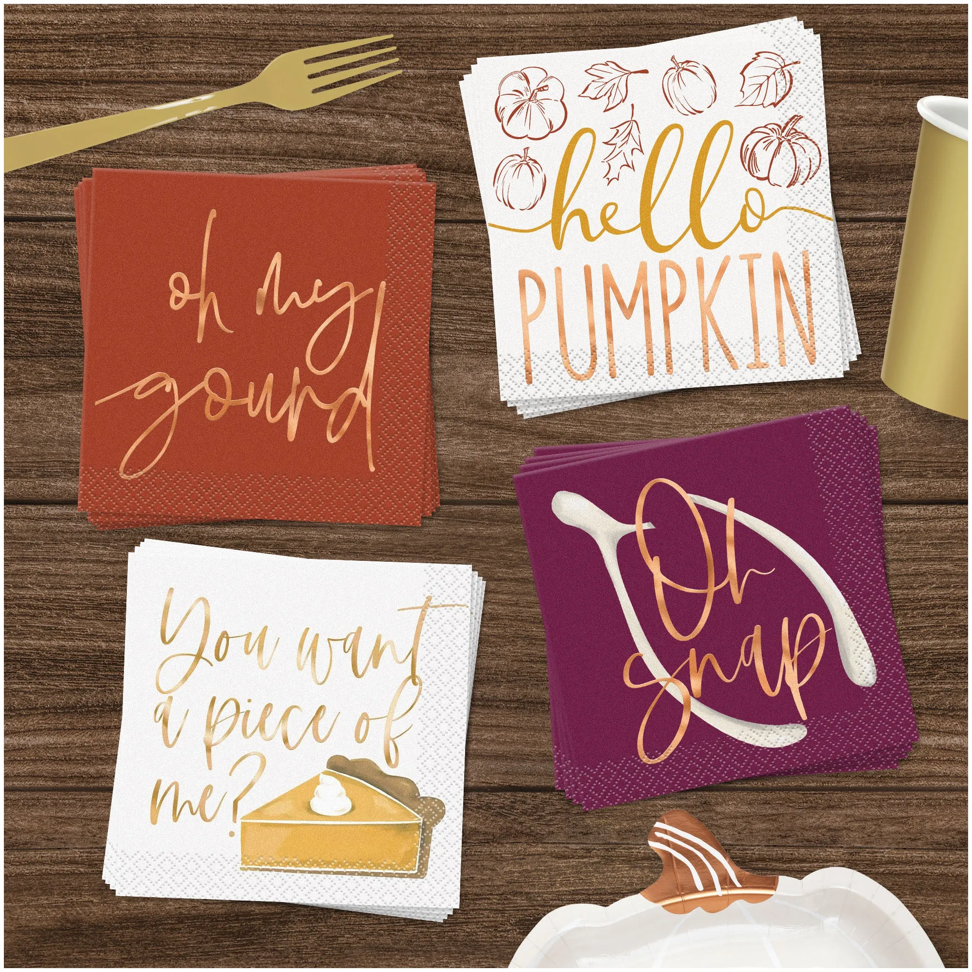 Thanksgiving & Fall Party Beverage Napkin Set in Assorted Metallic Designs For Appetizers, Desserts, and Cocktails (64 Count Total)