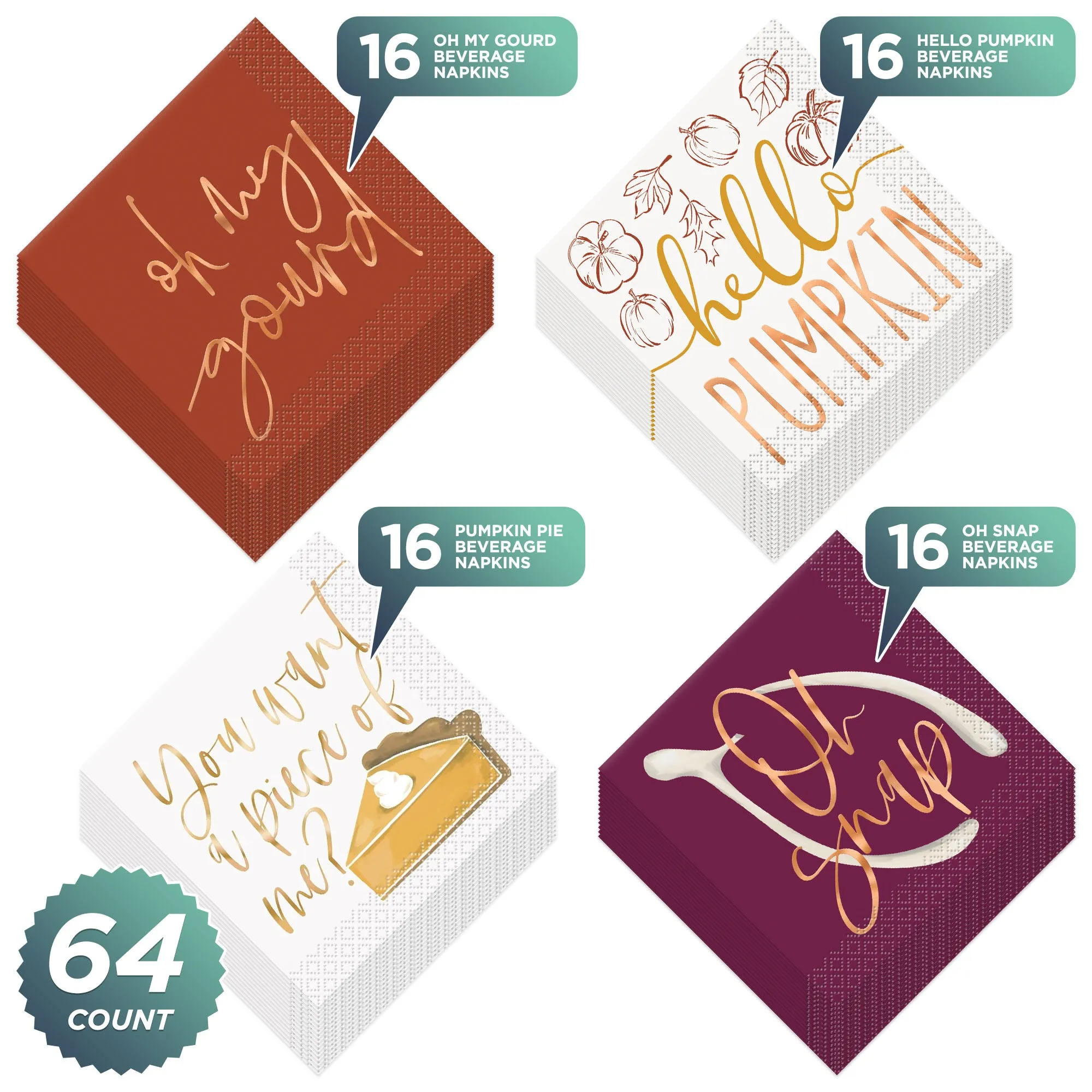 Thanksgiving & Fall Party Beverage Napkin Set in Assorted Metallic Designs For Appetizers, Desserts, and Cocktails (64 Count Total)