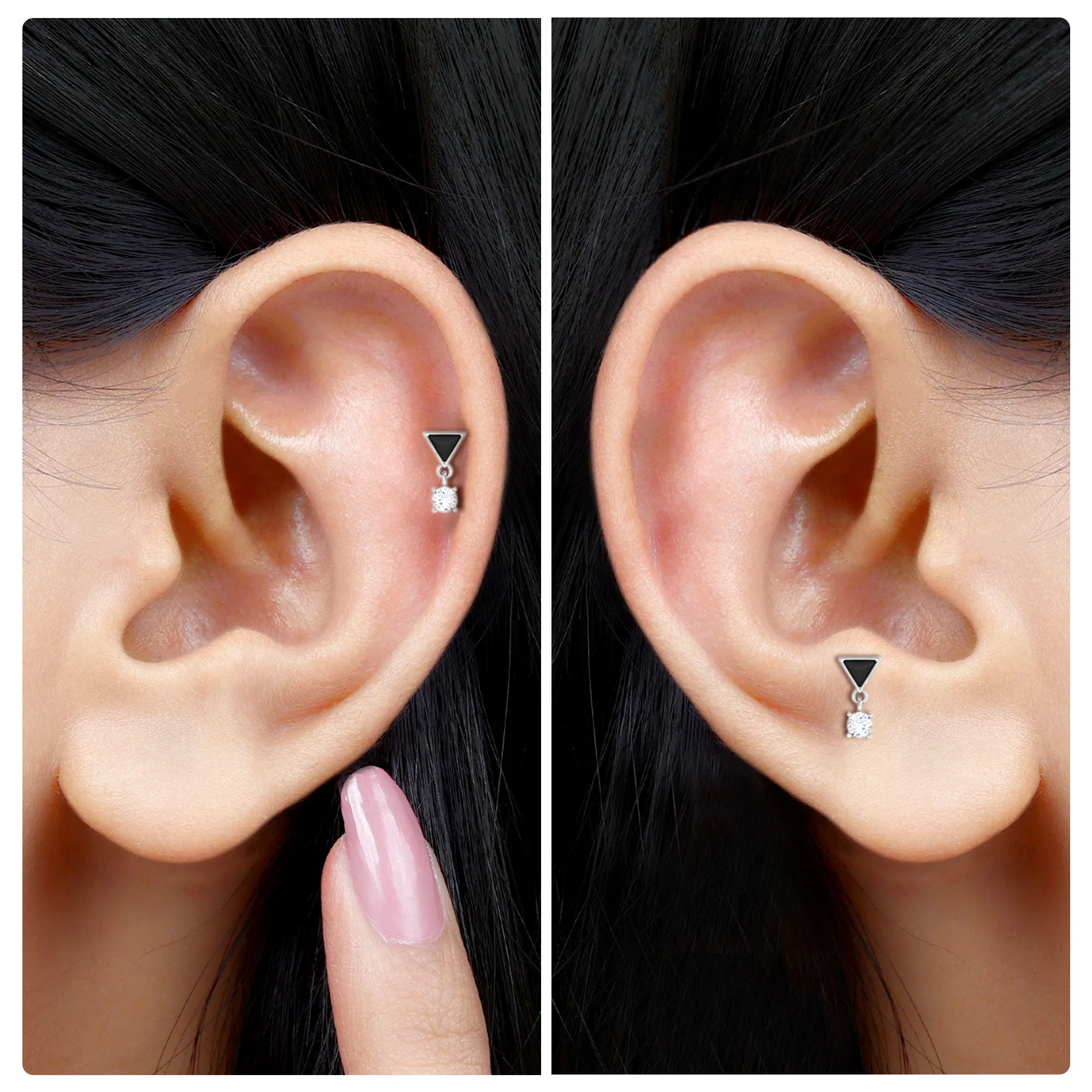 Unique Diamond Triangle Helix Drop Earring with Black Enamel