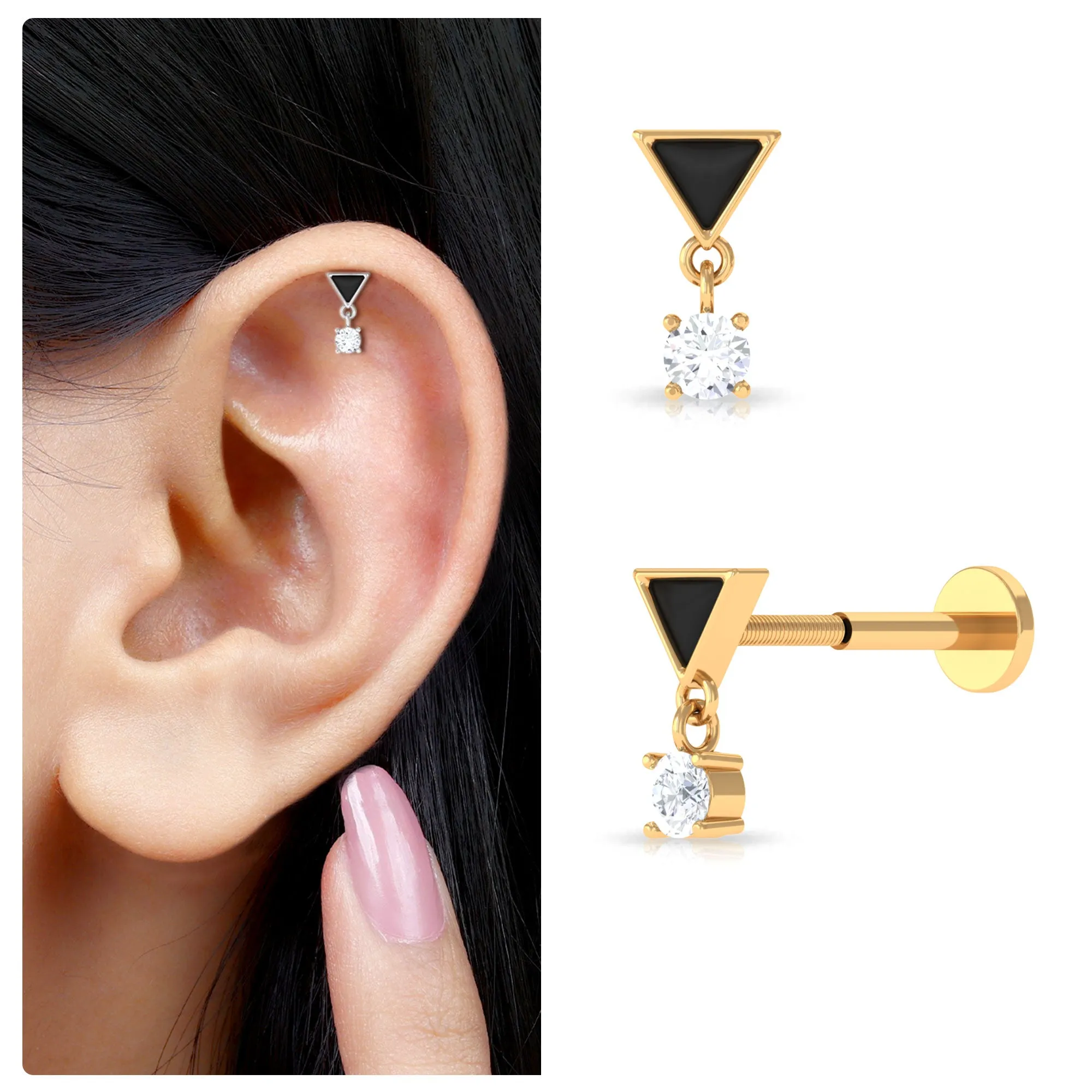 Unique Diamond Triangle Helix Drop Earring with Black Enamel