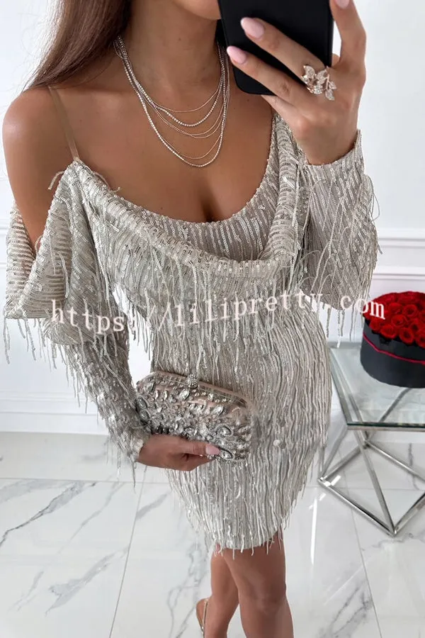 Unique Sparkling Party Tassel Sequin Cowl Neck Mini Dress