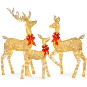 valiant 3-Piece Lighted Christmas Deer Set Outdoor Yard Decoration w/ 360 LED Lights, Stakes - White Gold