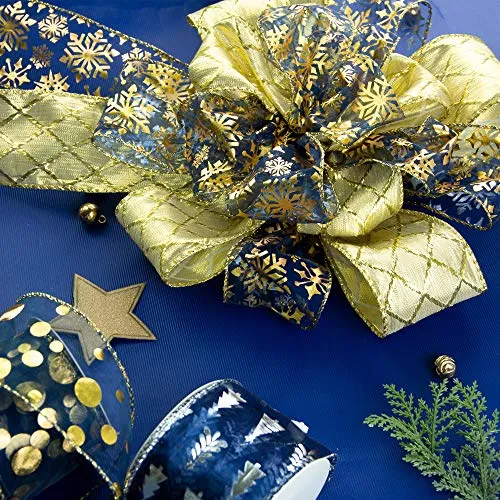 VATIN Christmas Tree Garland Ribbon, Holiday Party Assorted Organza, Navy Blue Swirl Sheer Glitter Ribbon 48 Yards (Set of 8) by 2.5 Inch