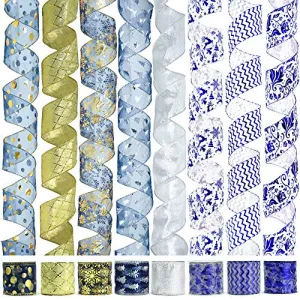 VATIN Christmas Tree Garland Ribbon, Holiday Party Assorted Organza, Navy Blue Swirl Sheer Glitter Ribbon 48 Yards (Set of 8) by 2.5 Inch