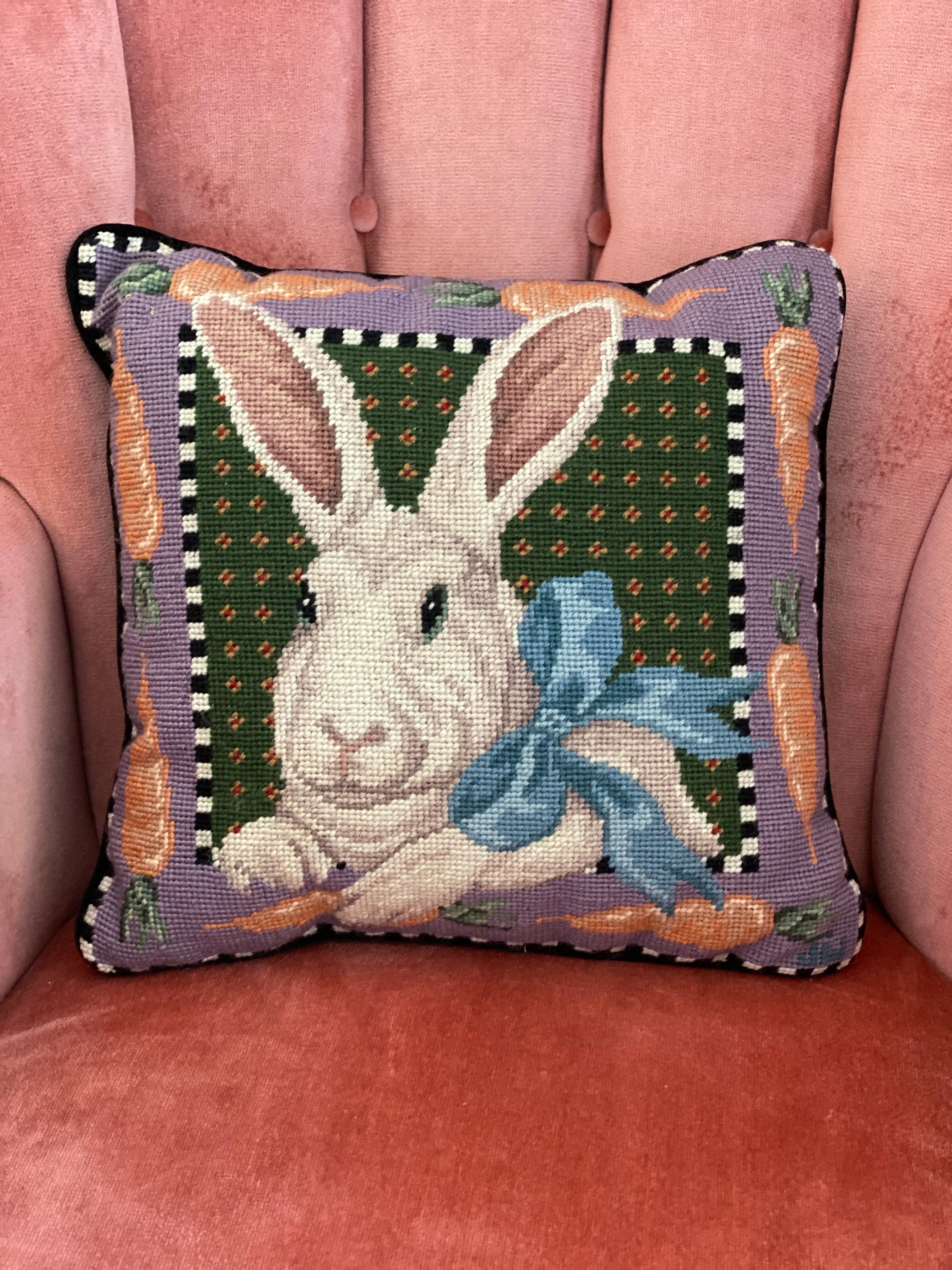 Vintage Needlepoint Bunny Rabbit Pillow