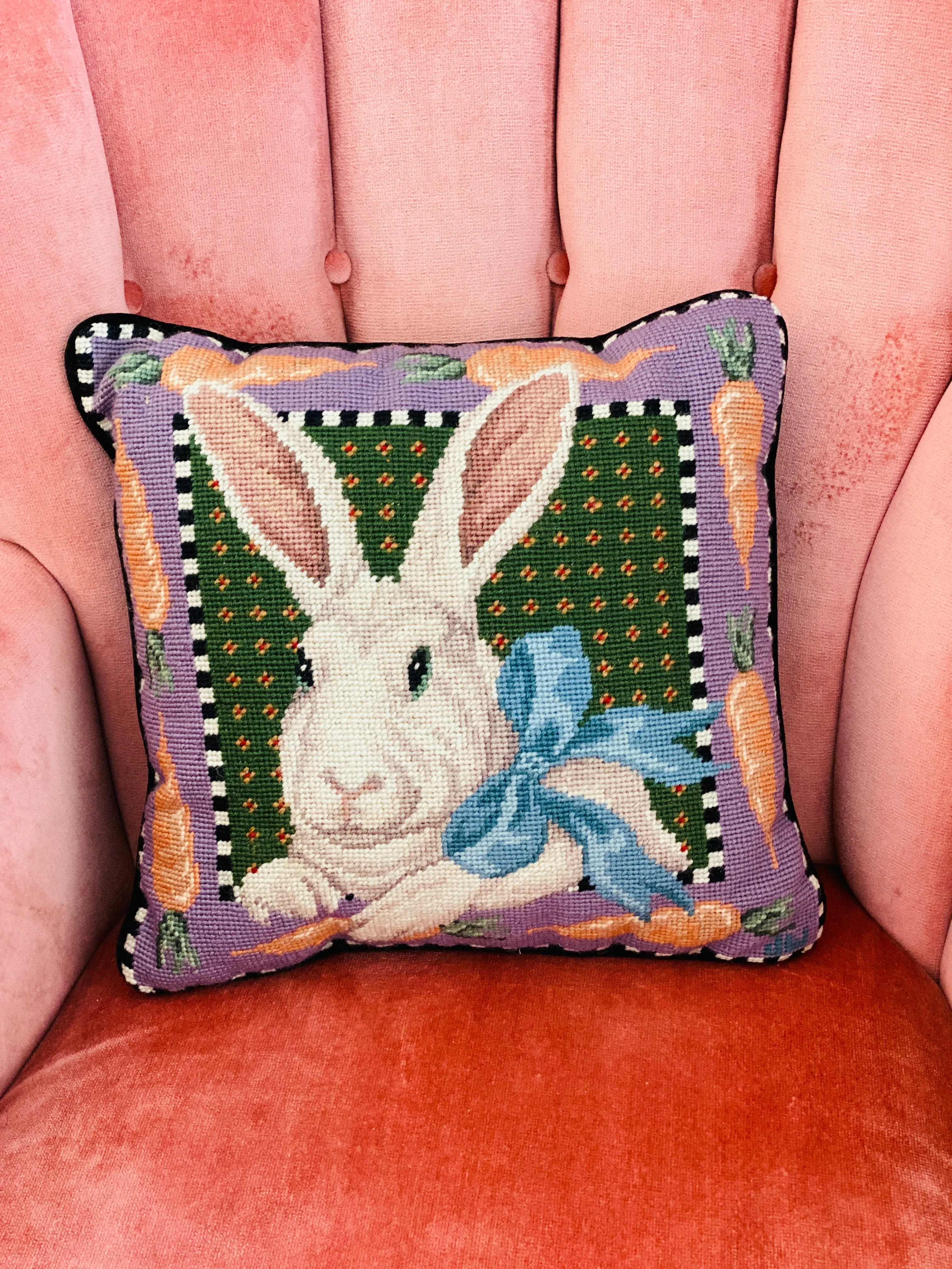 Vintage Needlepoint Bunny Rabbit Pillow