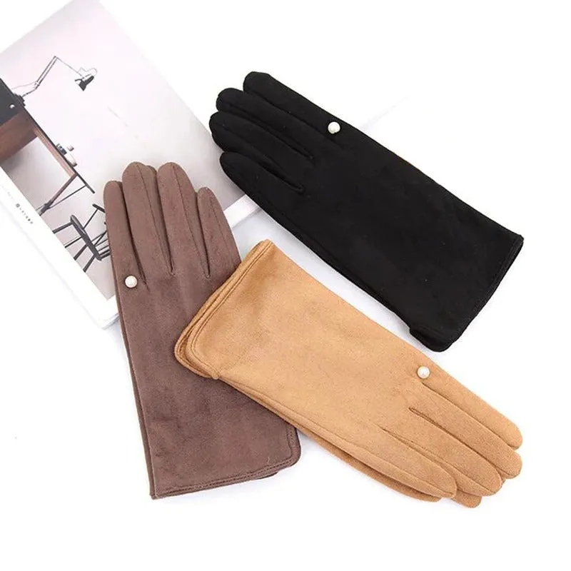 Winter Warmer Elegant Pearl Velvet Touch Screen Full Finger Gloves