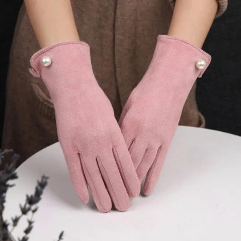 Winter Warmer Elegant Pearl Velvet Touch Screen Full Finger Gloves