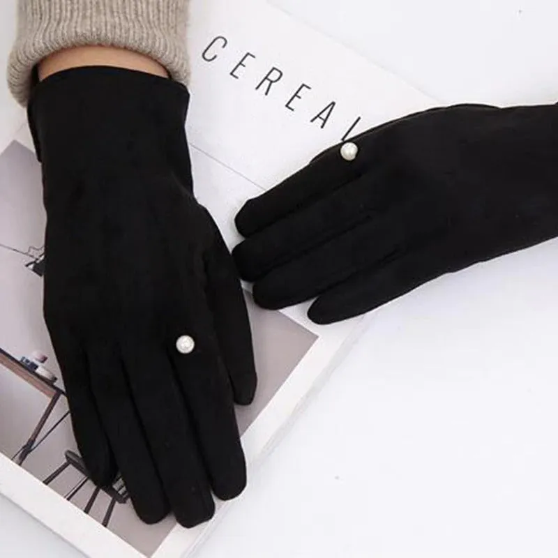 Winter Warmer Elegant Pearl Velvet Touch Screen Full Finger Gloves