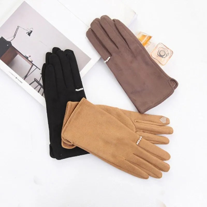 Winter Warmer Elegant Pearl Velvet Touch Screen Full Finger Gloves