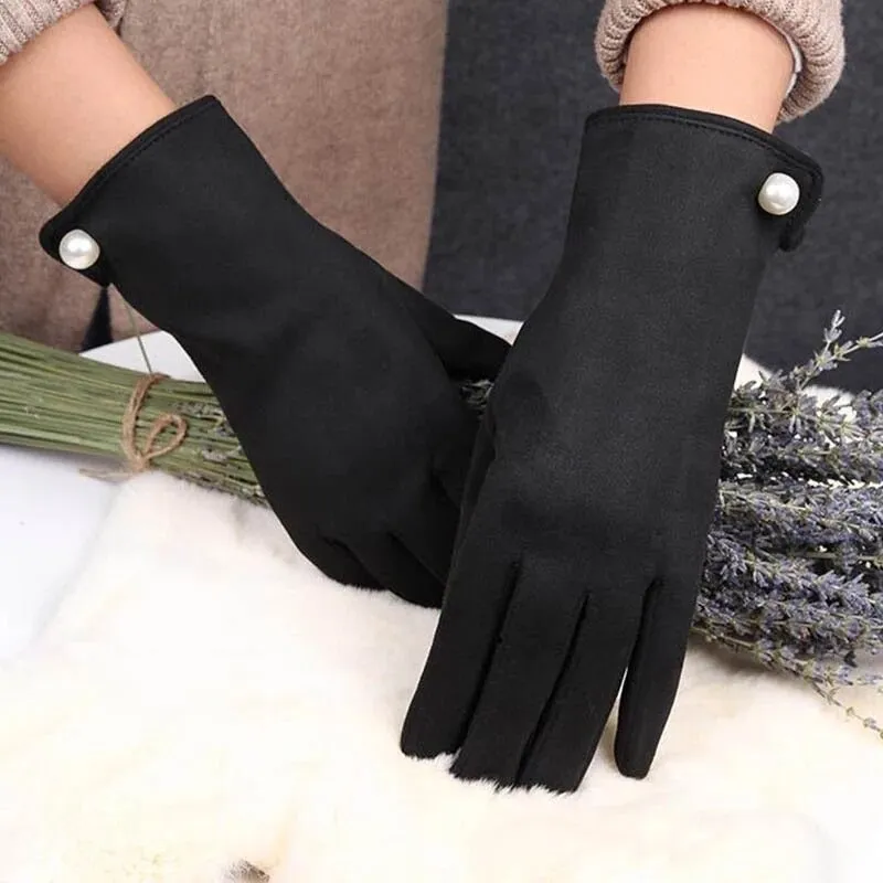 Winter Warmer Elegant Pearl Velvet Touch Screen Full Finger Gloves