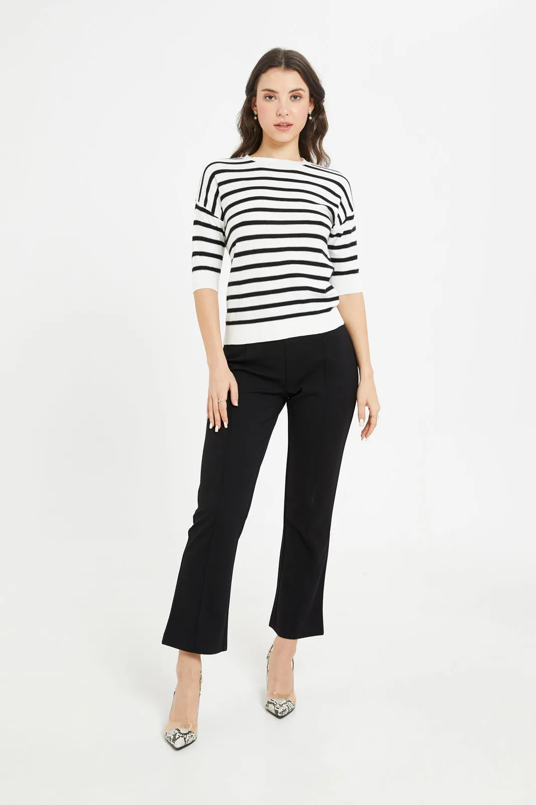 Women Black And White Striped Pullover