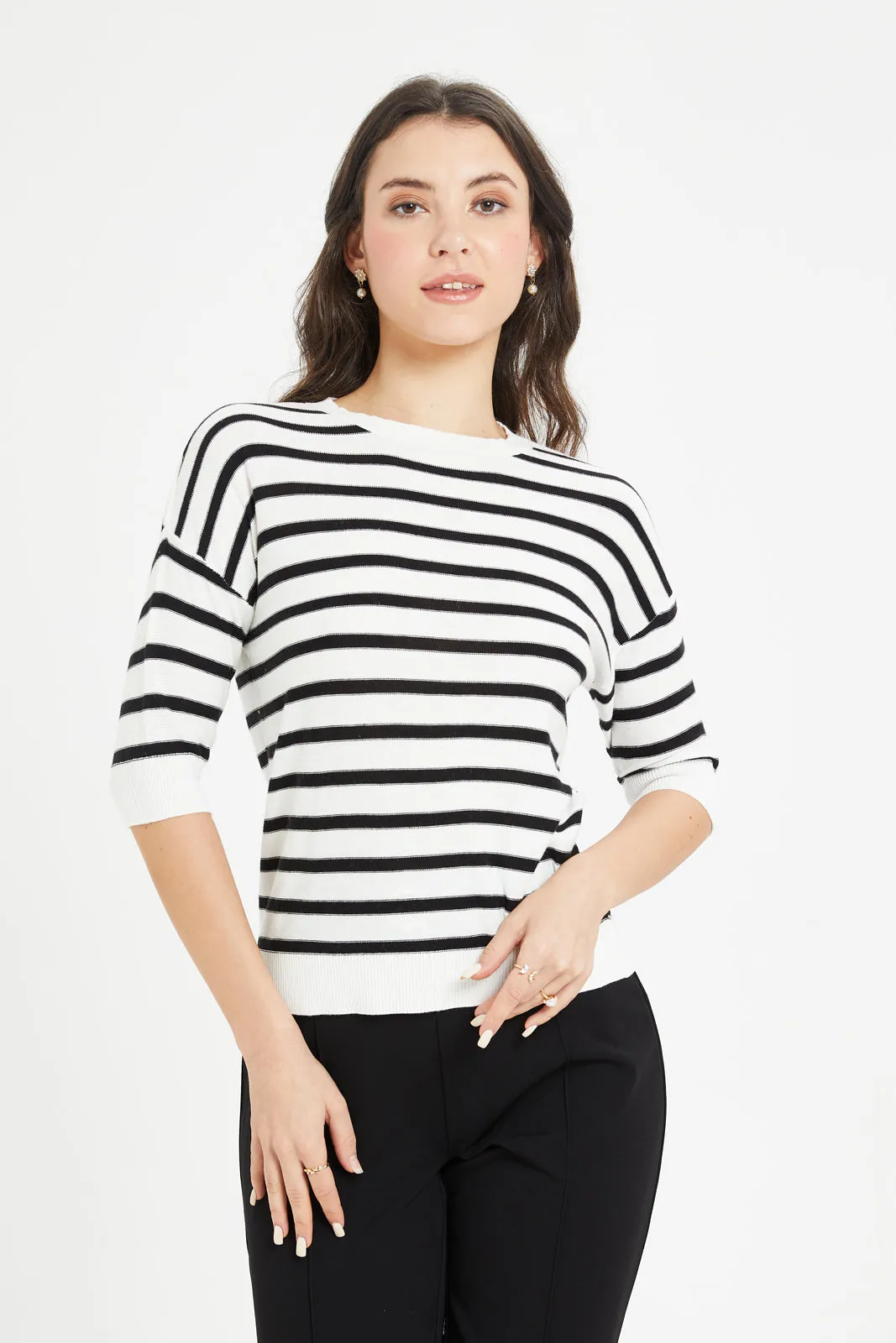 Women Black And White Striped Pullover