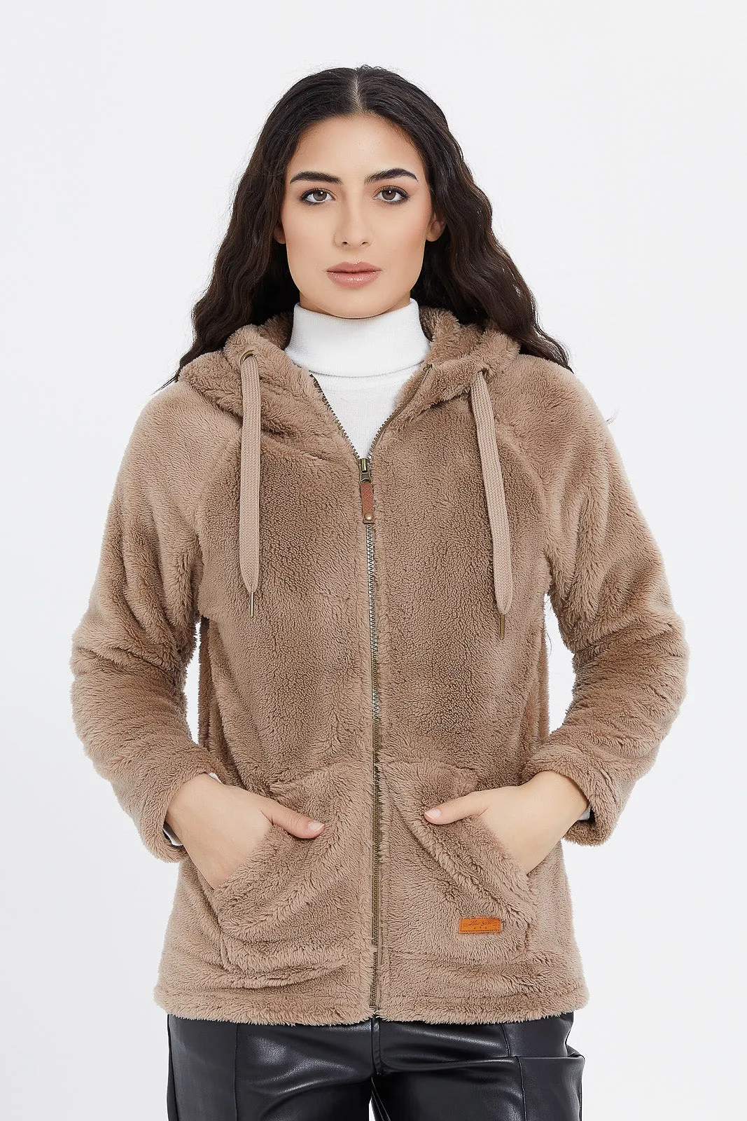 Women Brown Polar Fleece Zip Hooded Sweatshirt