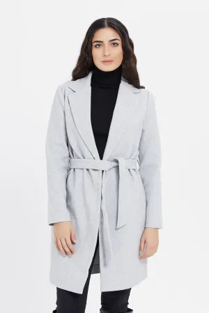 Women Grey Long Line Tie Waist Coat