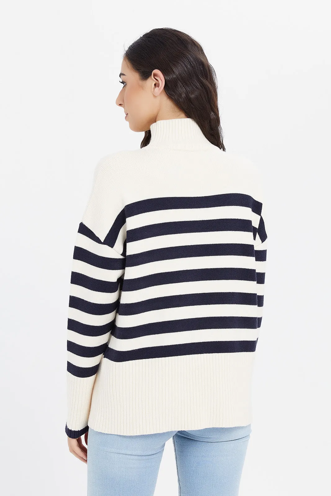 Women White And Black Striped Pullover