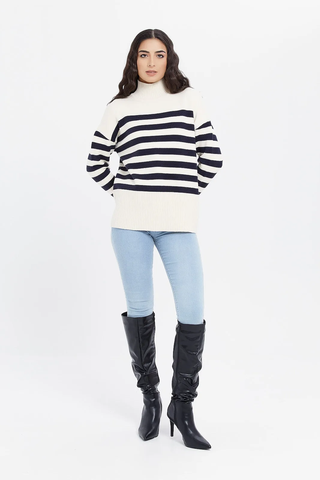 Women White And Black Striped Pullover