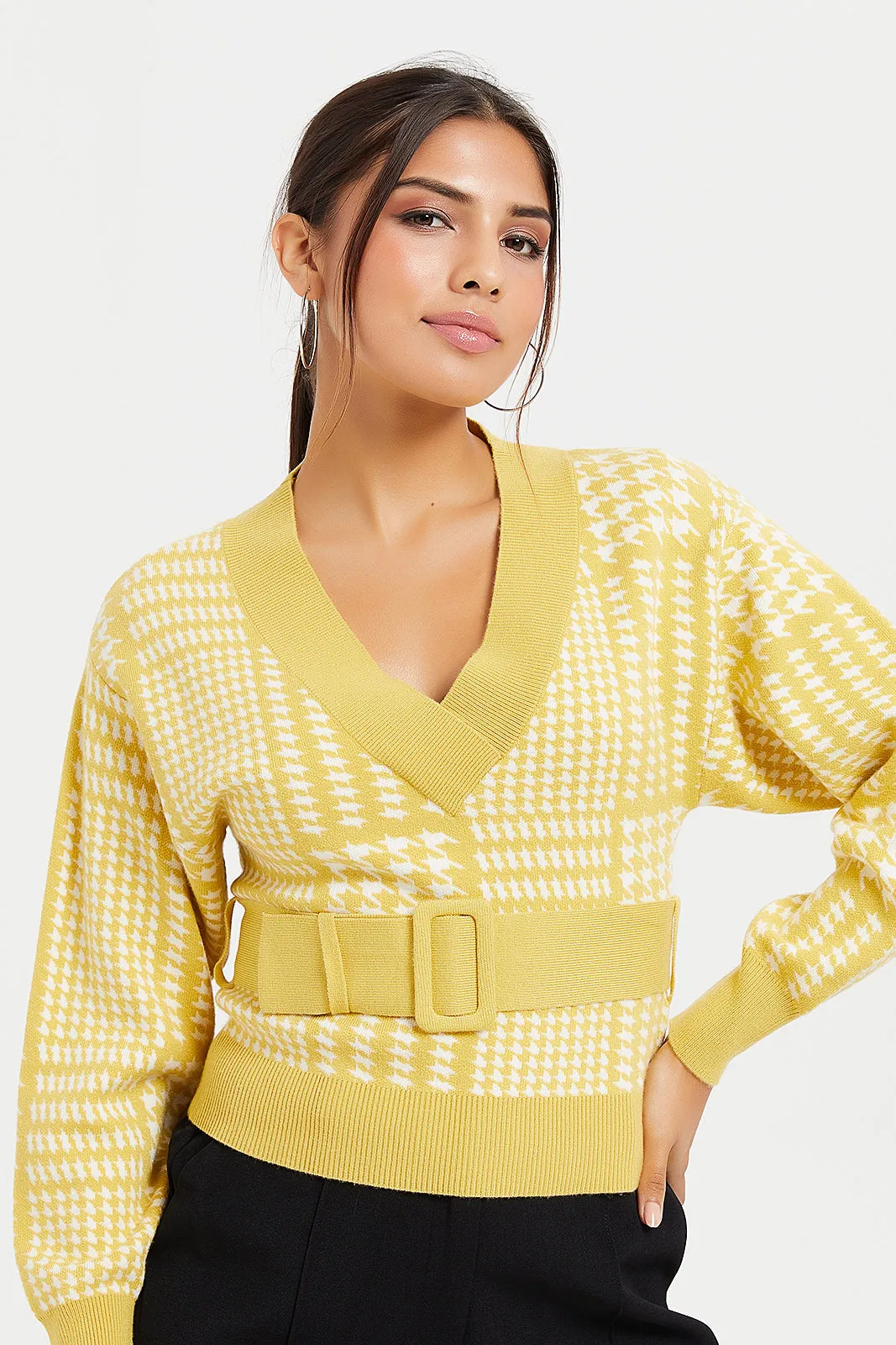 Women Yellow Knitted Belted Pullover