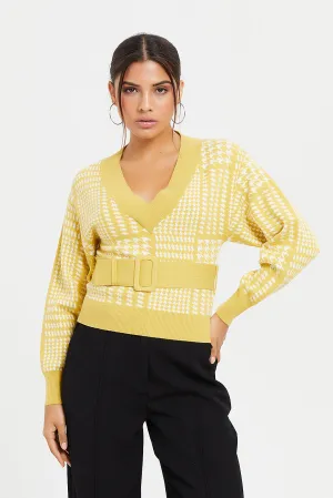 Women Yellow Knitted Belted Pullover