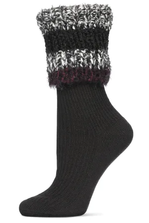 Women's Bellevue Furry Cuffed Crew Socks -Black